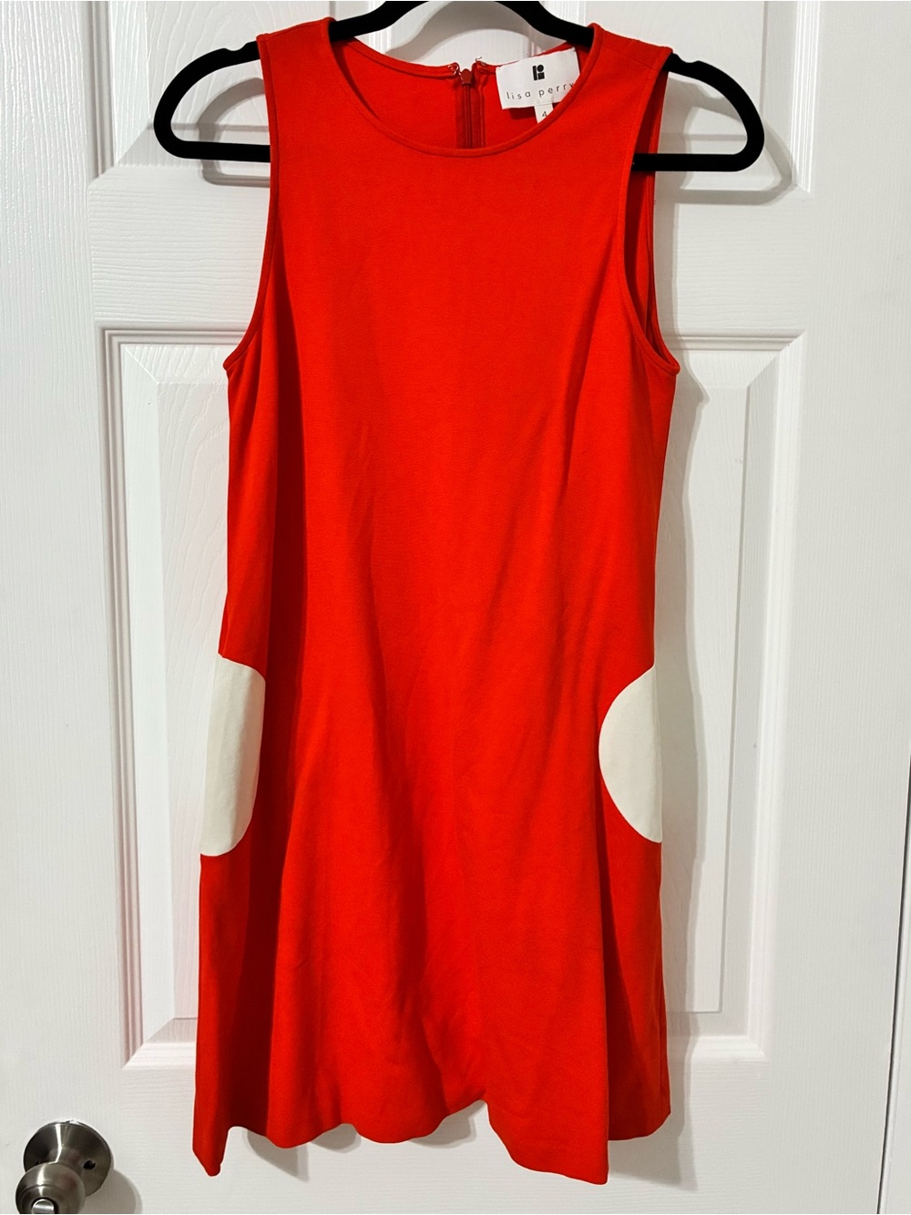 Lisa Perry Shift Dress Size: 4 Sleeveless 
Red/orange + Ivory circle Pockets